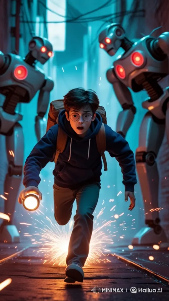 Boy Flees from Advancing Robotic Sentinels in Alley – AI Generated Video | Hailuo AI