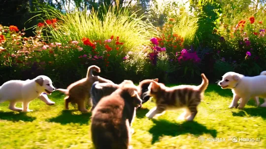 Energetic Puppies and Kittens Play in a Sunlit Garden – AI Generated Video | Hailuo AI