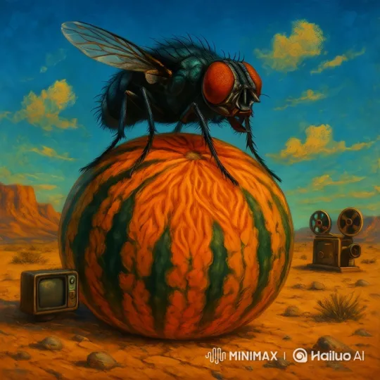 Fly Carries Watermelon Skyward in Surreal Desert Scene – AI Generated Video | Hailuo AI