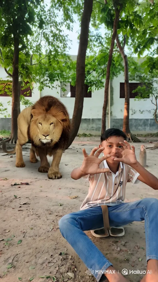 Boy Frames Lion Approach in Serene Setting – AI Generated Video | Hailuo AI