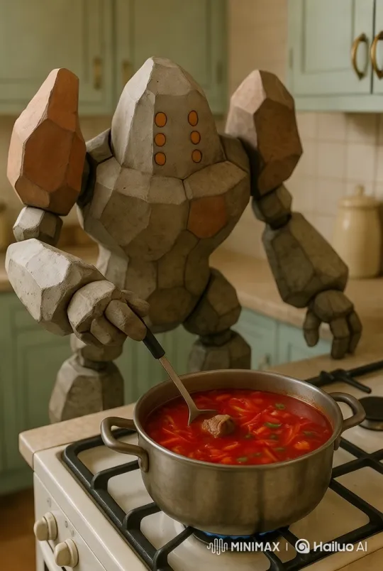 Stone Robot Stirs Artistic Soup in Cozy Kitchen – AI Generated Video | Hailuo AI