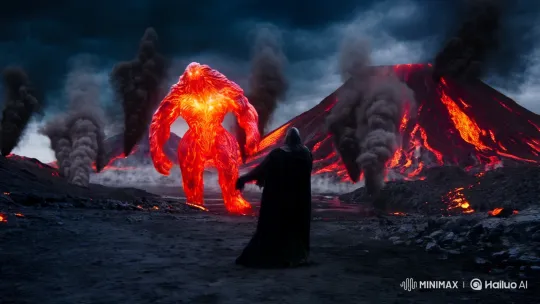 Lava Giant Emerges in Fiery Volcano Confrontation Scene – AI Generated Video | Hailuo AI