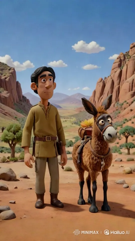 Desert Scene with Character and Donkey – AI Generated Video | Hailuo AI