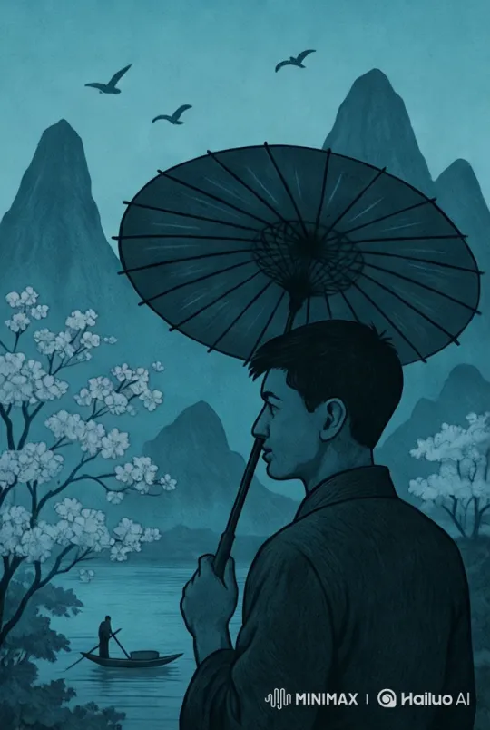 Aesthetic Landscape with Man, Umbrella, and Boatman – AI Generated Video | Hailuo AI