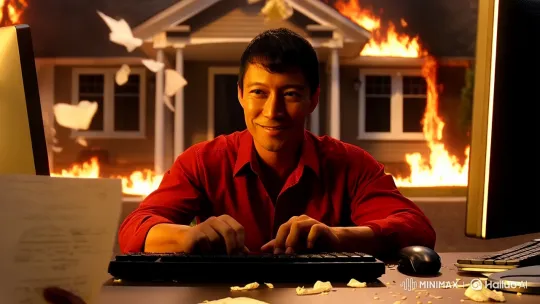 Man Calmly Types Amidst Office Fire – AI Generated Video | Hailuo AI