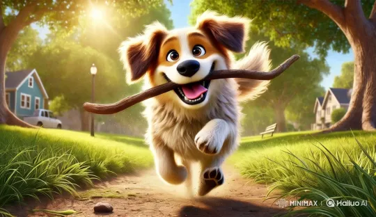 Joyful Dog Running with Stick in Suburban Setting – AI Generated Video | Hailuo AI