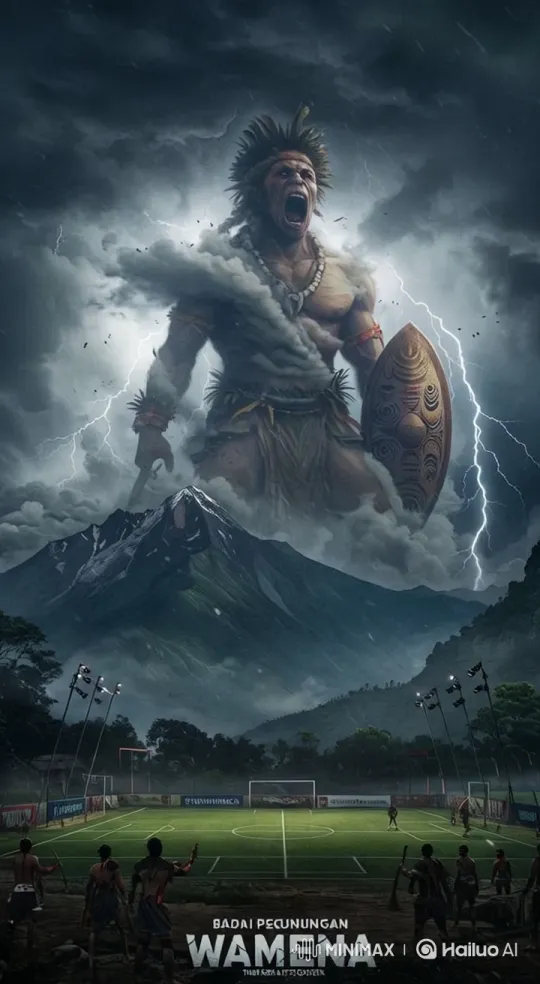Giant Warrior Overlooks Football Game Amid Storm – AI Generated Video | Hailuo AI