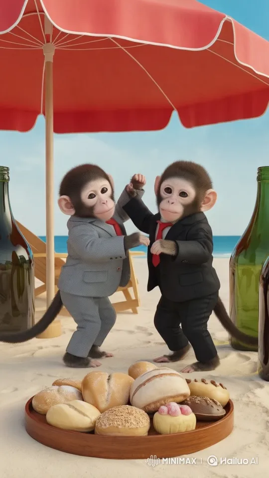Baby Monkeys Enjoy Beach Day with Bread Rolls – AI Generated Video | Hailuo AI