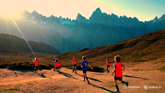 Young Athletes Play Football Amid Majestic Mountains – AI Generated Video | Hailuo AI