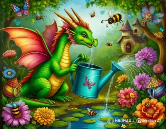 Enchanted Garden: Little Dragon's Magical Sprinkling – AI Generated Video | Hailuo AI
