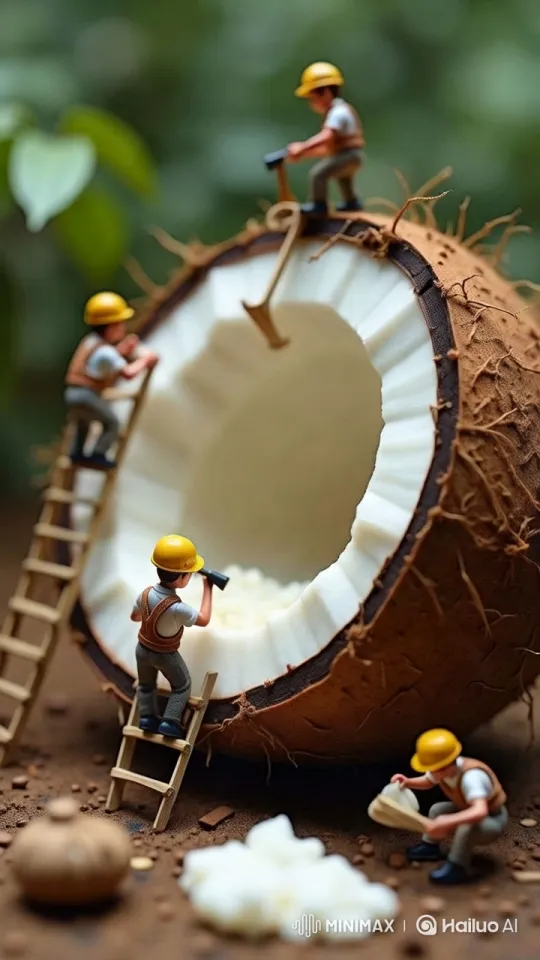 Miniature Workers Harvesting Halved Coconut – AI Generated Video | Hailuo AI