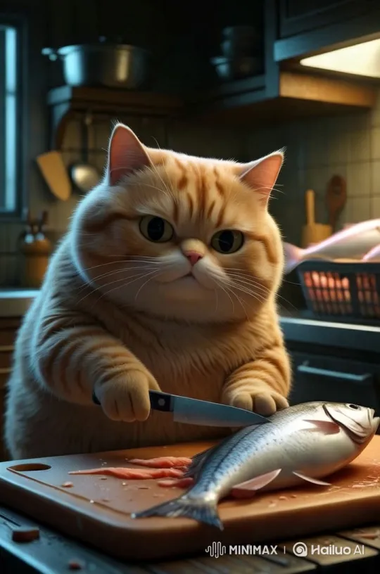 Cute Cat's Mischievous Kitchen Fish Cutting Scene – AI Generated Video | Hailuo AI