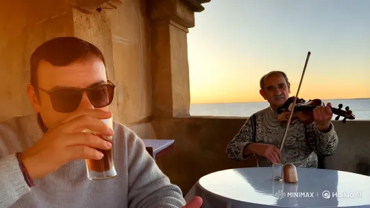 Turkish Man Reflects Over Rakı at Seaside Mehane – AI Generated Video | Hailuo AI