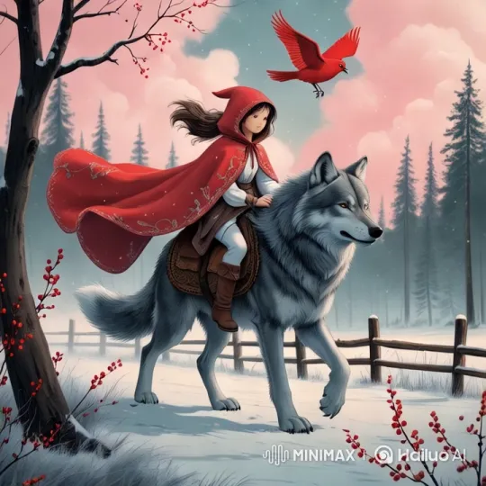 Red-Cloaked Girl Rides Majestic Wolf in Winter Forest – AI Generated Video | Hailuo AI