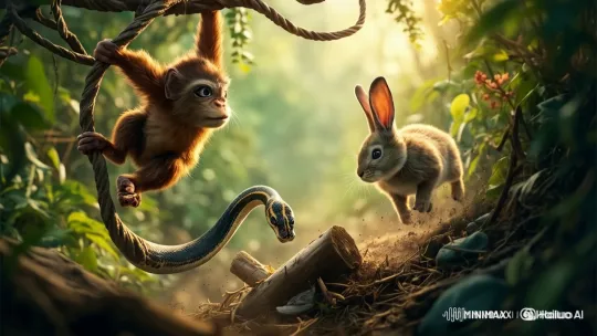 Vibrant Forest Life: Monkey, Rabbit, and Snake Interactions – AI Generated Video | Hailuo AI