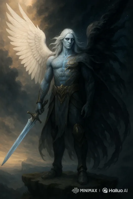 Angel of Light and Shadow Stands Majestic on Cliff – AI Generated Video | Hailuo AI