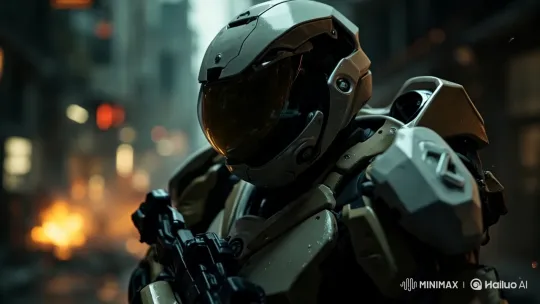 Futuristic Soldier Navigates Chaotic Alley in High-Style – AI Generated Video | Hailuo AI