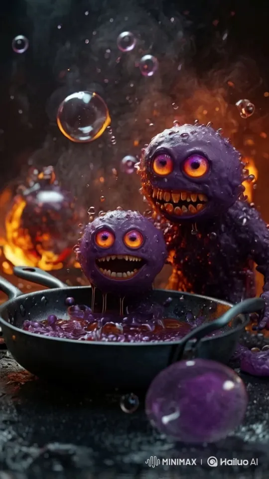 Purple Blob Creatures Emerge from Sizzling Pan – AI Generated Video | Hailuo AI