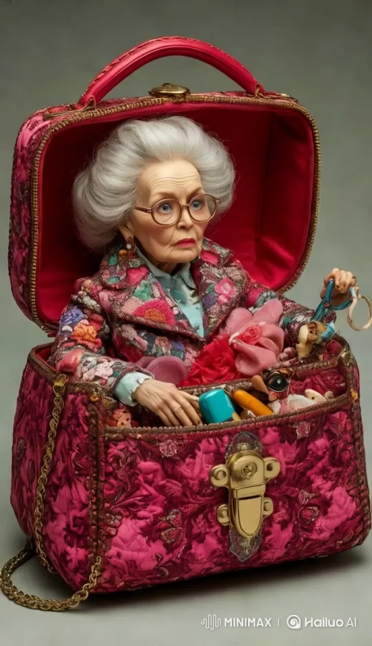 Artistic Display of Doll in Embroidered Jacket Inside Luxury Handbag – AI Generated Video | Hailuo AI