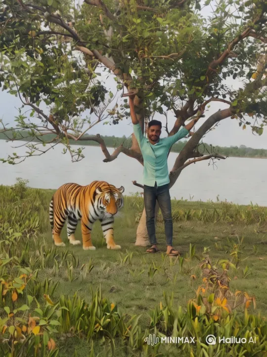 Man and Tiger in Serene Lakeside Landscape – AI Generated Video | Hailuo AI