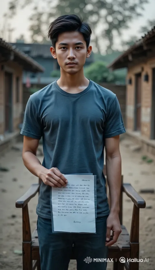 Young Man Reflects on Letter in Rural Courtyard – AI Generated Video | Hailuo AI