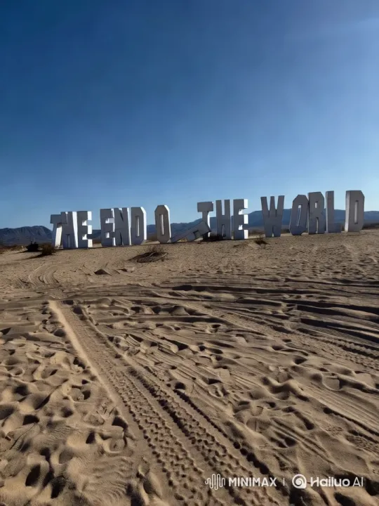 Desert Landscape with 'THE END OF THE WORLD' Letters Submerging – AI Generated Video | Hailuo AI