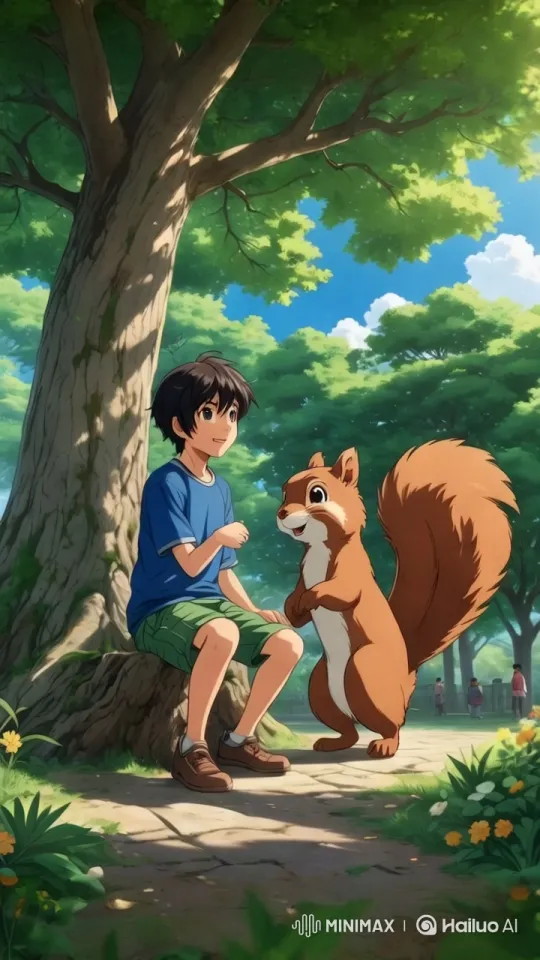 Boy and Squirrel's Serene Park Interaction – AI Generated Video | Hailuo AI