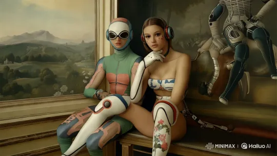 Futuristic Women in Robotic Attire on Classic Landscape – AI Generated Video | Hailuo AI