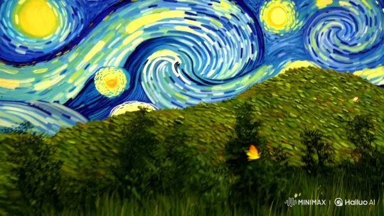 Starry Night Inspired Scene with Swirling Stars and Butterflies – AI Generated Video | Hailuo AI