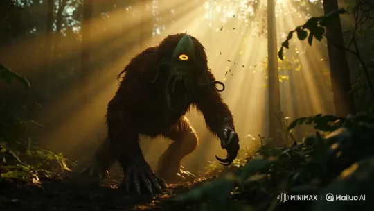 Mapinguari Approaches Violently Amidst Dramatic Forest Lighting – AI Generated Video | Hailuo AI