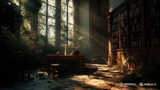 Enchanted Overgrown Library in Golden Hour's Light – AI Generated Video | Hailuo AI