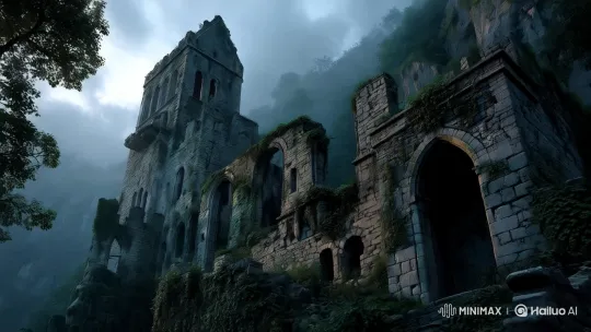Misty Castle Ruin Illuminated by Moonlight – AI Generated Video | Hailuo AI
