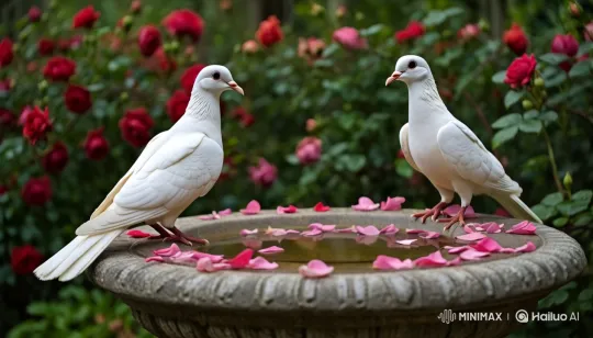 Vibrant Garden with Dancing Doves and Serene Aesthetics – AI Generated Video | Hailuo AI