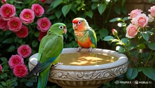 Colorful Parrots in a Lush Garden Setting – AI Generated Video | Hailuo AI