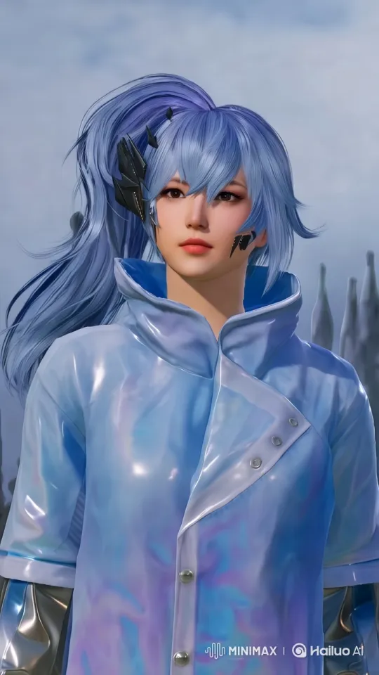 Woman in Shiny Blue Coat Smiles Outdoors – AI Generated Video | Hailuo AI