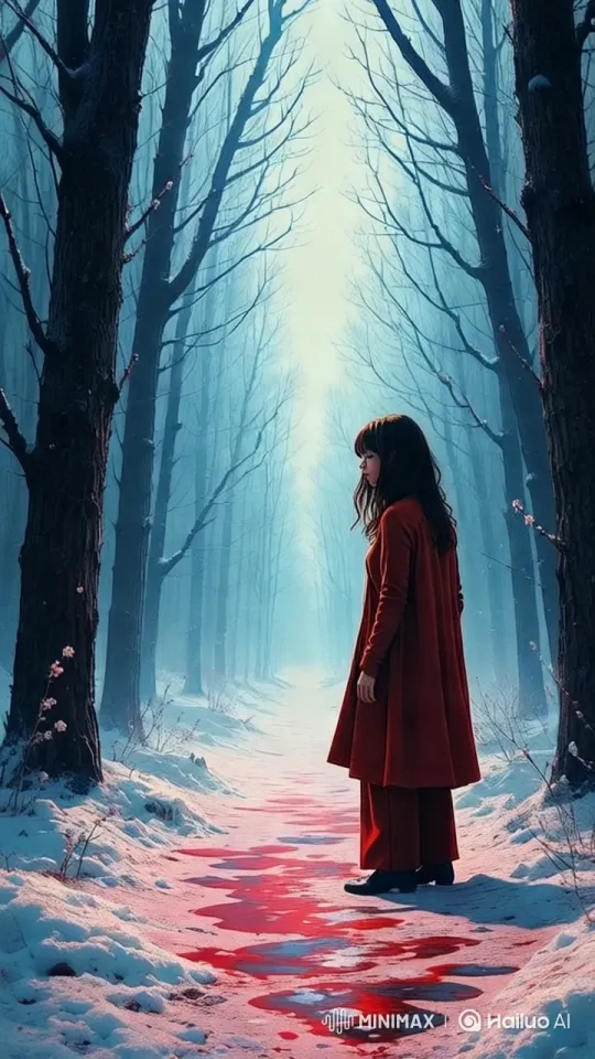 Red Figure Walks Through Haunted Winter Forest – AI Generated Video | Hailuo AI