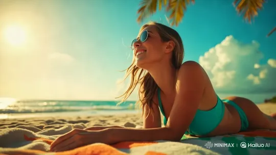 Woman in Turquoise Bikini on a Serene Beach – AI Generated Video | Hailuo AI
