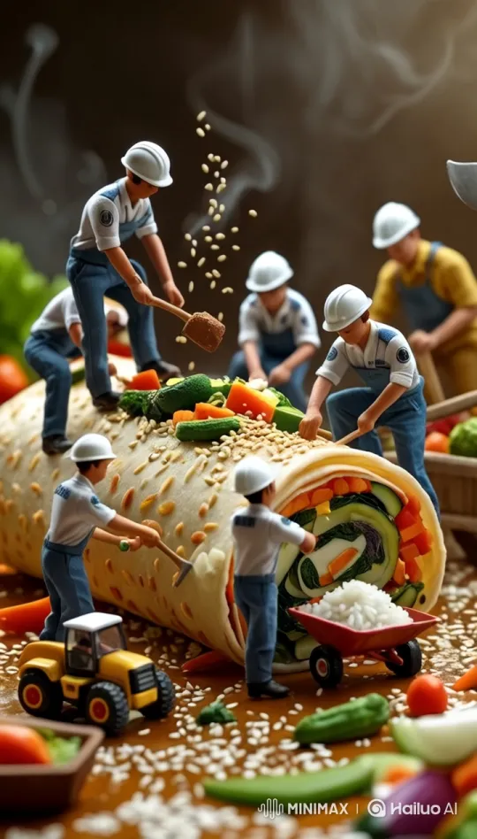 Miniature Workers Craft Giant Veggie Wrap – AI Generated Video | Hailuo AI