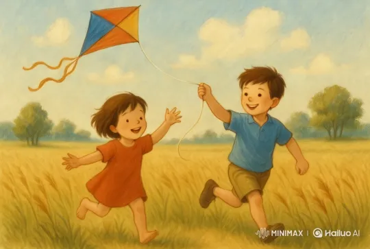 Children Playing with Kite in Golden Wheat Field – AI Generated Video | Hailuo AI