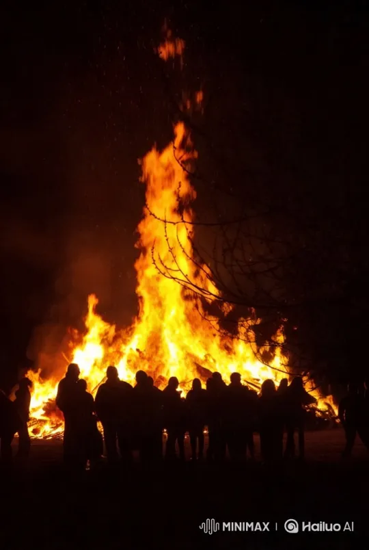 Bonfire Night: Figures Watch Mesmerizing Flames – AI Generated Video | Hailuo AI