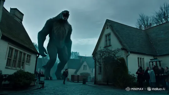 Monstrous Creature Menaces Quiet Community in Cinematic Scene – AI Generated Video | Hailuo AI