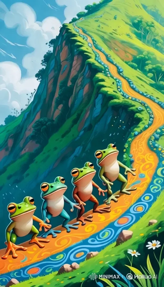 Colorful Frogs Ascend Lush Hill in Vivid Harmony – AI Generated Video | Hailuo AI