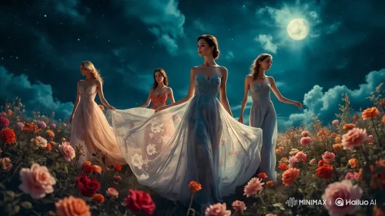 Elegant Women in Moonlit Flower Field – AI Generated Video | Hailuo AI