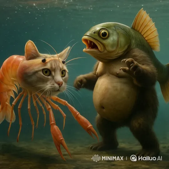 Underwater Hybrid Showdown: Fish Victorious Over Shrimp-Cat – AI Generated Video | Hailuo AI