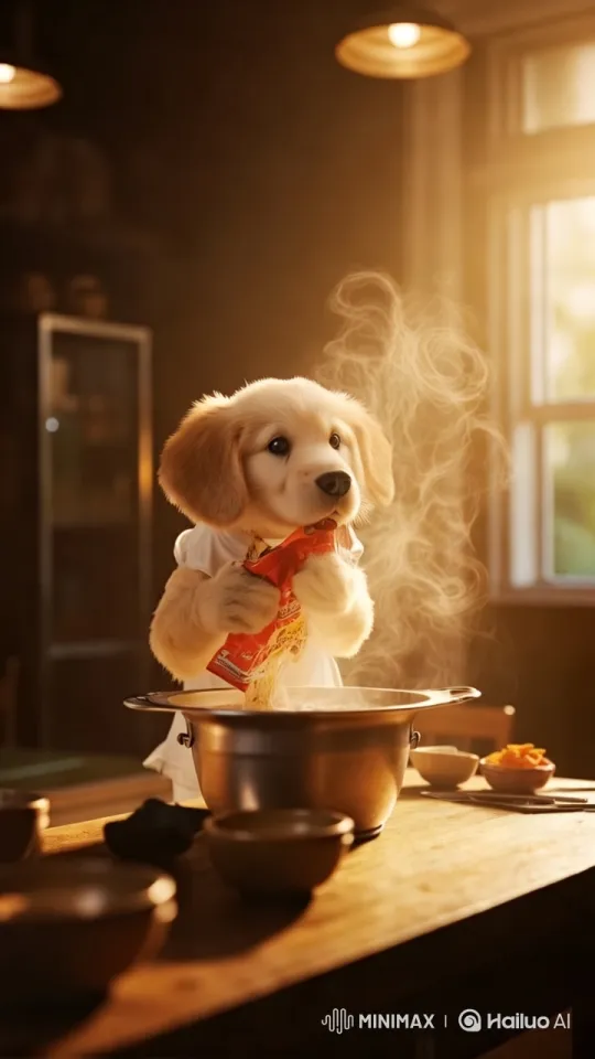 Cute Retriever Chef Cooks in Cozy Kitchen – AI Generated Video | Hailuo AI