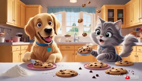 Golden Retriever and Tabby Cat Play with Cookies in Bright Kitchen – AI Generated Video | Hailuo AI
