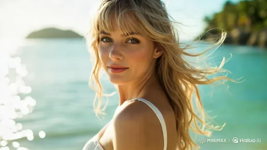 Divine Woman Glides on Sacred Beach in Celestial Glow – AI Generated Video | Hailuo AI