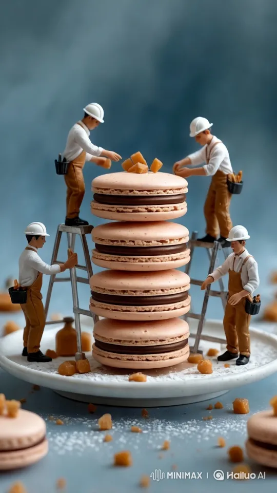 Miniature Workers Craft Macarons with Caramel – AI Generated Video | Hailuo AI
