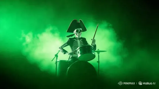 Skeleton Pirate Rocker Enthusiastically Plays Drums – AI Generated Video | Hailuo AI