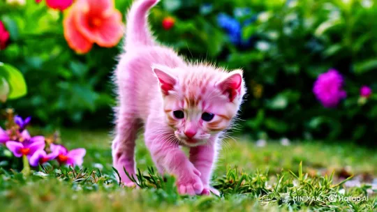Pink Kitten Explores Lush Garden with Grace – AI Generated Video | Hailuo AI